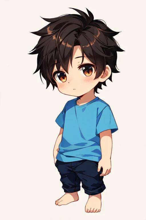 A Chinese boy around 7 years old,Normal body type is slightly thinner,He wears a light blue short-sleeved shirt,Light blue shorts,In line,His stomach hurts,covering his stomach,Eventually, even urinary incontinence,Urine soaked the shorts,Run down your legs to the ground。