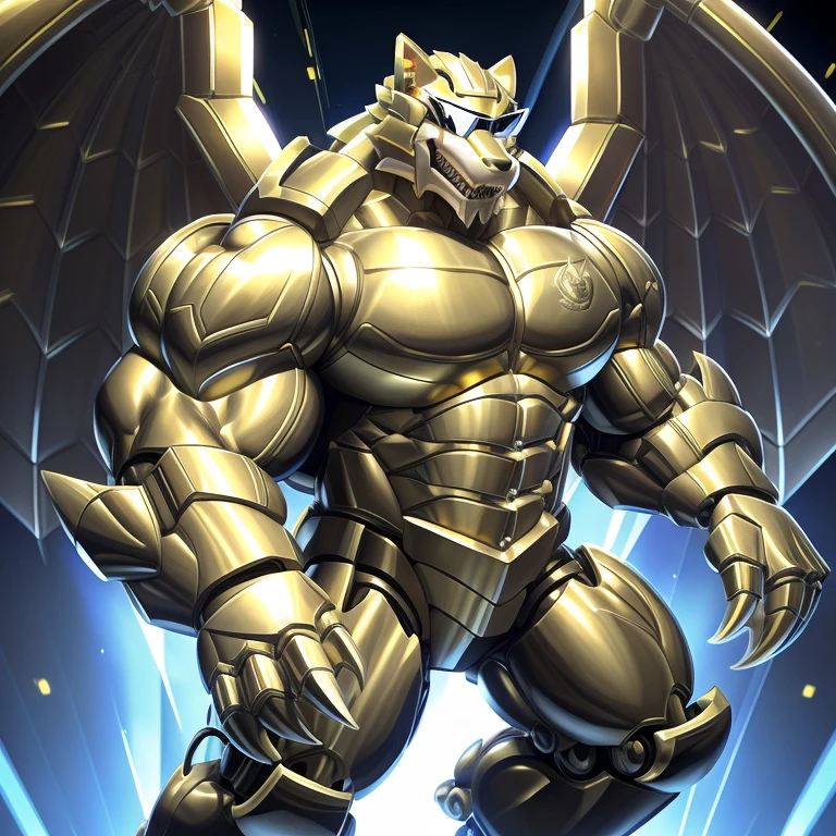 (freddy wolf, 8K), (freddy wolf's giant robot, Powered exoskeleton with the same design as freddy wolf), (Masterpiece, highres) (Detailed head, Detailed Body, Detailed abs, full body) (gigantic muscles, Gigachad Muscular, big muscle, pecs, triceps, traps, unusually developed muscular body, body full of huge muscles. showing off muscles, pectorales enormes, Exaggeratedly huge muscles.) (nj5furry, The claws are sharp, Sharp teeth, sharp claws), (long legs), (Spread wings, It has wings, have big wings, golden wings), (Wrestling, wrestler, the bodybuilding), (It has wings, whole body shines like metal, Wearing cyberpunk mecha, emphasizes the muscles, suit fully made of metal, intricate armor, Robotic suit, suit fully made of metal, cyborg), menacing pose, The whole body is golden. no face. BULK UP. The whole body is golden. wearing a full-face helmet. no blue. no red. A pose that shows off your muscles. no face. He is wearing sunglasses. The face is hidden inside the helmet and cannot be seen.