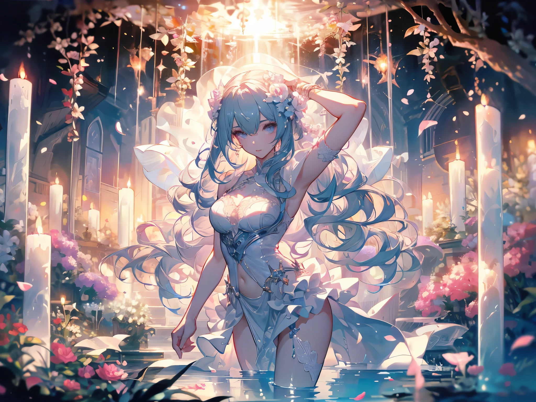 A stunningly ethereal woman, composed of a dazzling array of rainbow hues, reclines gracefully at the end of a radiant rainbow amidst the fluffy clouds in the sky. Bathed in dynamic and enchanting lighting, accentuates her vibrant, full-bodied form. Fantasy art. Masterpiece