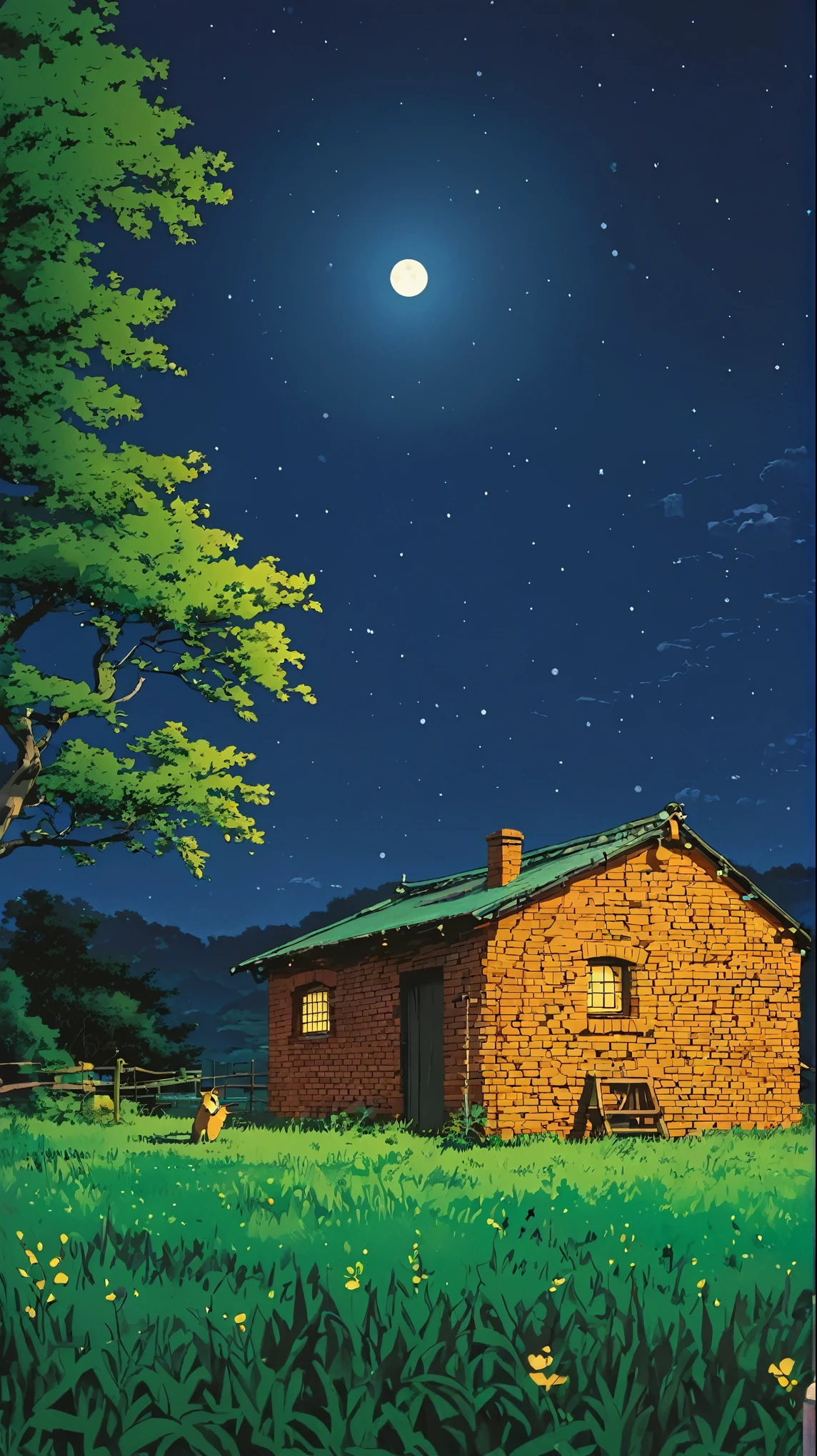 (Minimalism:1.4), Draw a simple Tintin style art, an old small brick hut under a lonely tree !!!,, Lonely view from afar field night clear moon golden clouds !!!! ultra-detailed!!! serene fireflies dream lighting vast incredible sky studio Ghibli, miyazaki, , Makoto Shinkai!!, anime movie background the best quality the best of SeaArt HD