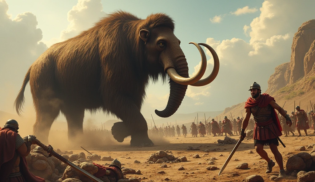 Primitive man, stone axe, mammoth hunt, prairie, science fiction, illustration