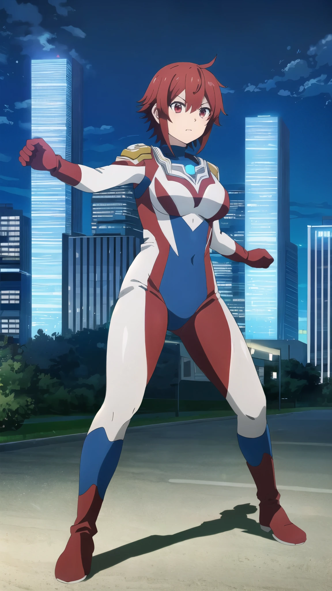 ((Highest quality)),((Very detailed)),masterpiece,Absurd,Detailed face,Beautiful Face,(fine grain, Deep Eyes),One Girl,((Combat Stance)), input, Enter, red hair, red eyes, short hair, hair between eyes, bangs, breasts, large breasts, short hair, Red eyes, Ultraman bodysuit、Hero Suit,Full body tight suit、(building:1.2)、Night view、View your audience, Are standing