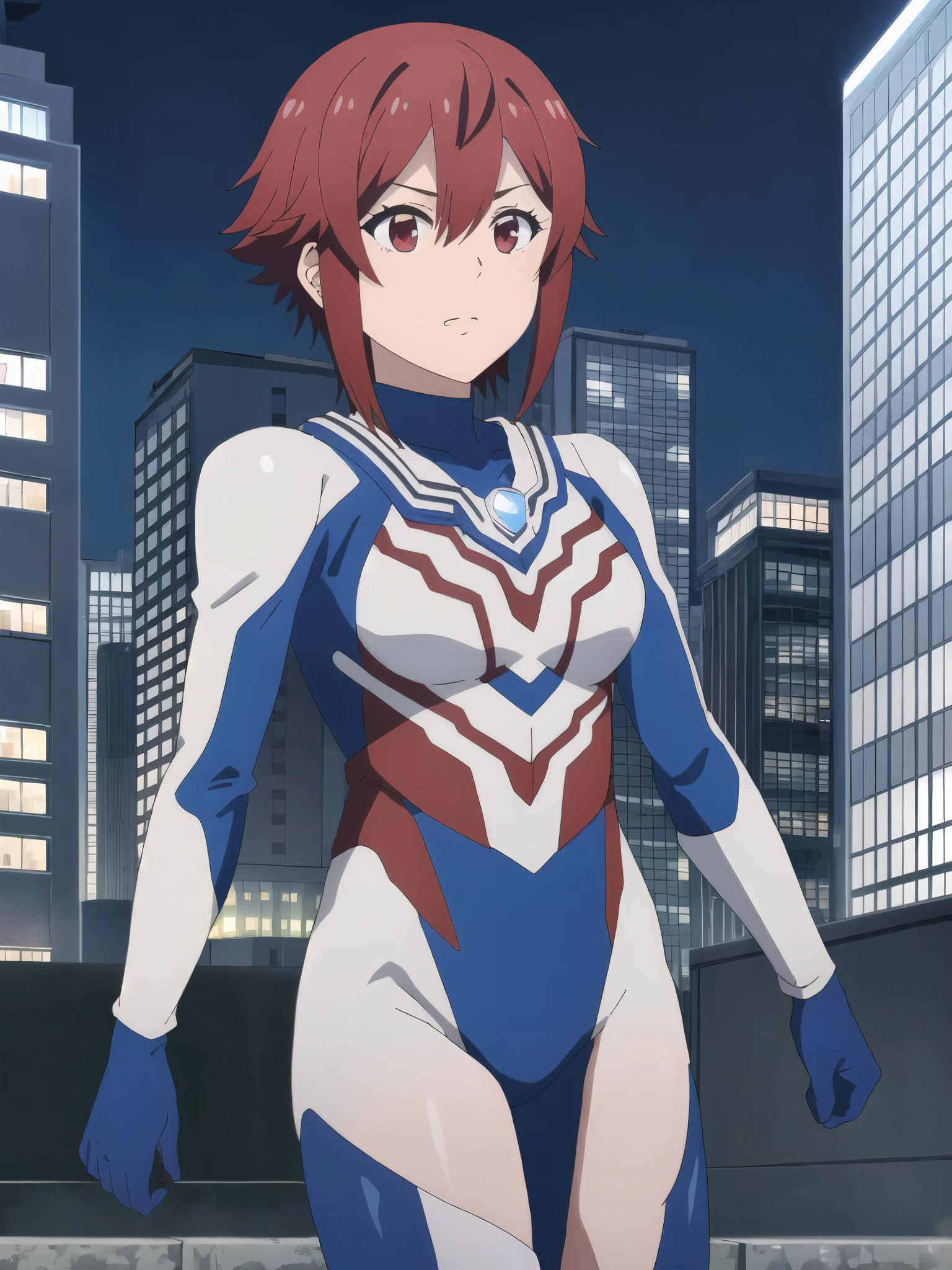 (8k、Highest quality、masterpiece:1.2),Detailed face,Beautiful Face,(fine grain, Deep Eyes),One Girl, Redhead, Red eyes, short hair, Hair between the eyes, bangs, chest, large chest, short hair, Red eyes,  View your viewers, Cowboy Shot、Ultraman bodysuit、大きなchest、Hero Suit,Tight suit、(building:1.2)、Night view