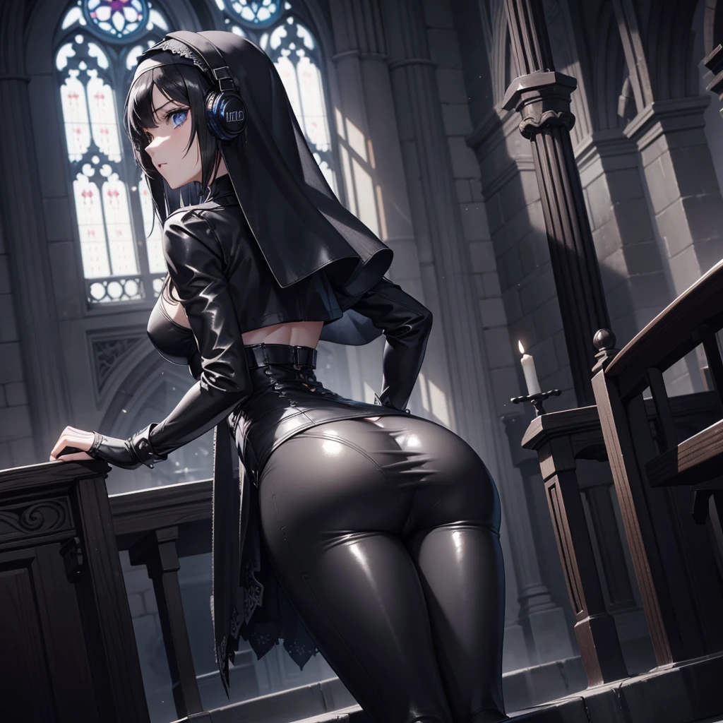 Pretty gothic girl from behind with bare butt in thong in church in sexy seductive model pose, hinterkopf sichtbar realistisch, sehr detailliert, spotlight, feine hautstruktur, as realistic as possible