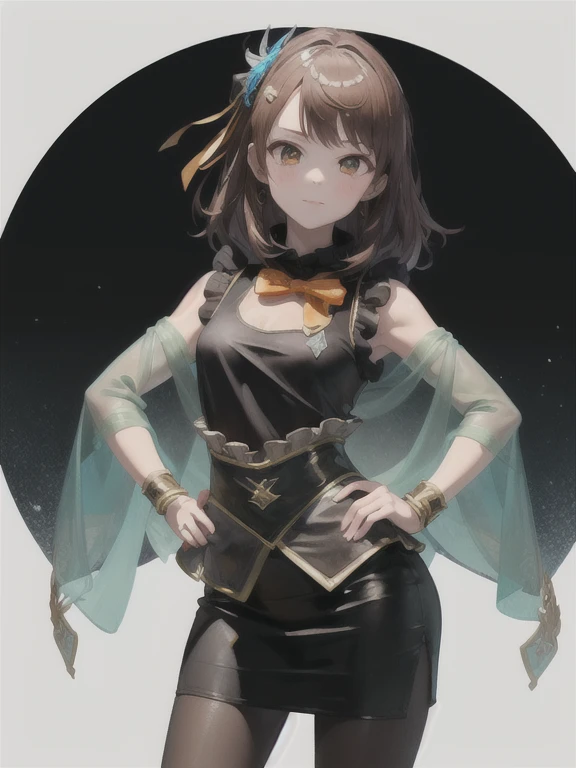 ( 1 girl:1.1),(Alone:1.1),Auxiliary Karen 01 , enamel black dress  ,  enamel black skirt,(Shiny:1.2),Brown Hair,Feather coat, HAIR ACCESSORIES,Food,Long Hair, orange bow tie ,pantyhose,  Pencil Skirt, see-through , sleeveless dress,Shiny, cowboy shot , Place your hands on your hips , (masterpiece), ( best quality), (Super detailed), intricate detail,