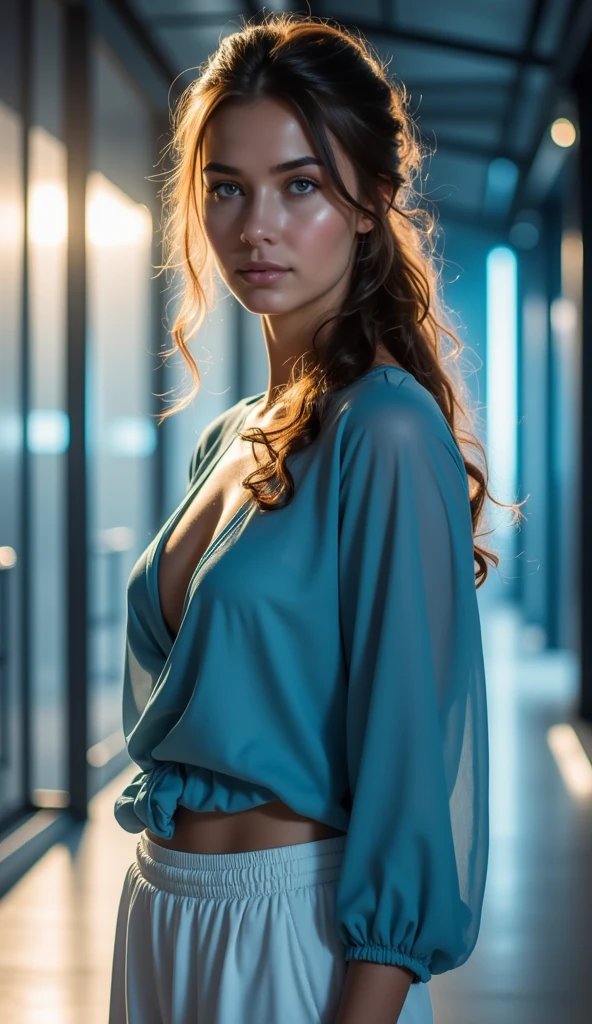 (masterpiece, best quality:1.2), european woman, solo, loose blue tunic, loose white pants, full body shot, wavy brown hair in a  ponytail, scifi_background, sparkling city