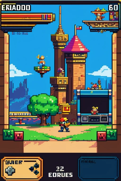 retro game,8-bit graphics,classic pixel art,vintage video game vibes,HDR color palette,nostalgic soundtrack,old-school arcade joystick,arcade cabinet,animated pixel characters,game over screen with pixelated text,high score leaderboard,platformer level design,pixelated clouds in the background,detailed character animations,retro sound effects,vibrant neon colors,side-scrolling gameplay,2D platforming challenges,classic power-ups and upgrades,collectible coins and bonuses,explosive pixel art effects,retro game controller design,warp pipes and secret levels,retro game console with cartridge,label drawn by hand,classic game mechanics,running and jumping,retro-themed UI and menus,8-bit sound chip music,enemy creatures with unique behaviors,retro game inspired fonts,gameplay hints for players,different game worlds to explore,endless gameplay replayability.
