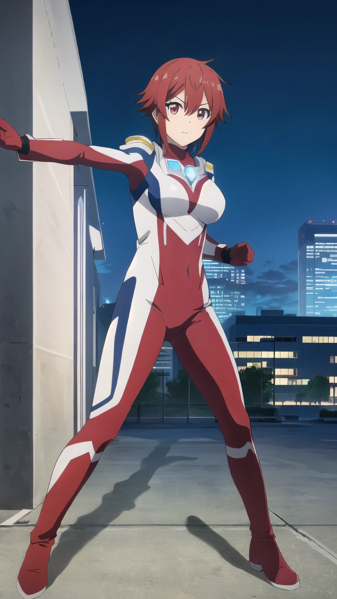 ((Highest quality)),((Very detailed)),masterpiece,Absurd,Detailed face,Beautiful Face,(fine grain, Deep Eyes),One Girl,((Combat Stance)), input, Enter, red hair, red eyes, short hair, hair between eyes, bangs, breasts, large breasts, short hair, Red eyes, Ultraman bodysuit、Hero Suit,Full body tight suit、(building:1.2)、Night view、View your audience, Are standing