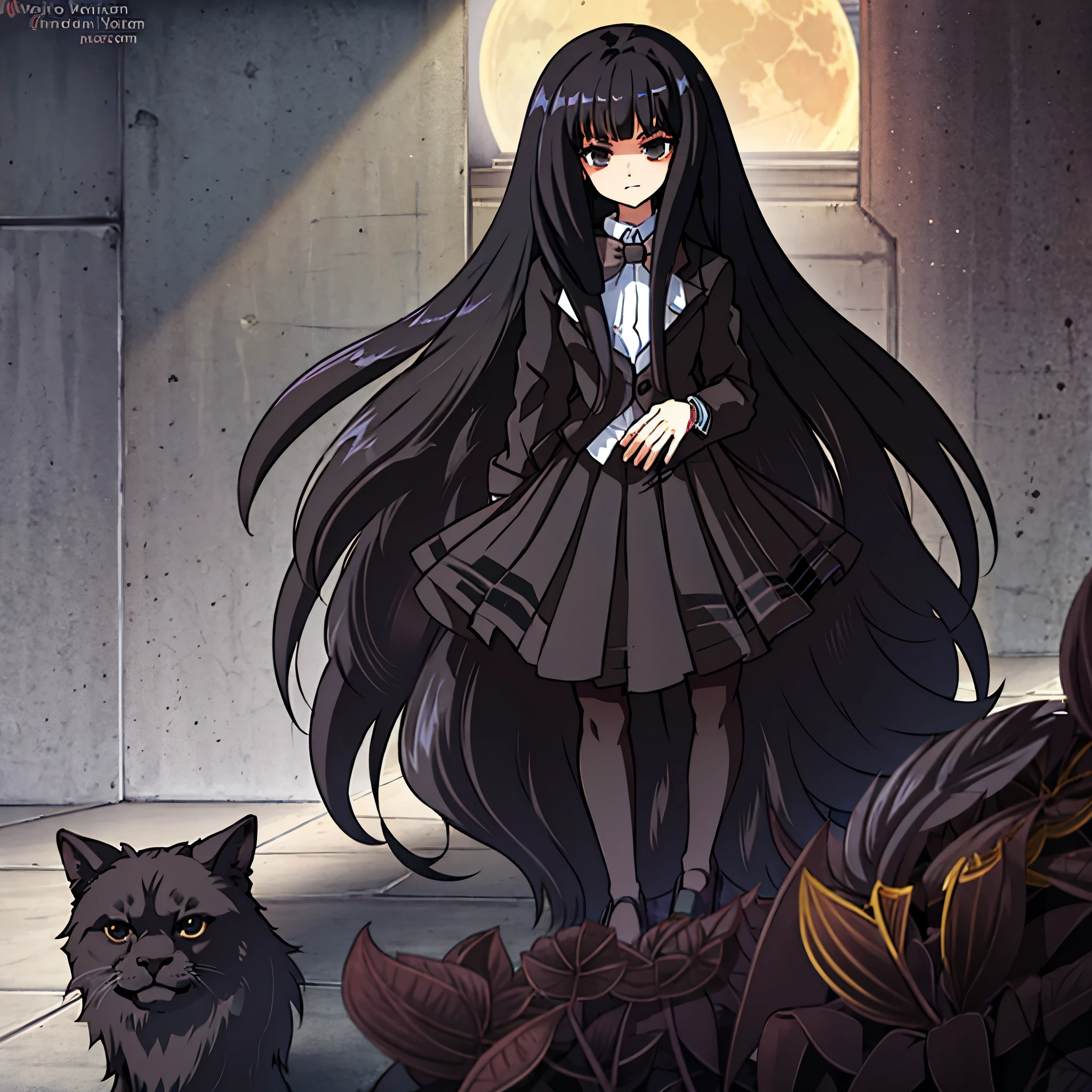 Beautiful girl, long black hair, dark eyes, wearing a brown blazer, winter school uniform, dark brown ribbon, looking at the viewer with a stern expression on a moon night, anime style, intricate details, line:-3.5, hyper detailed, sharpen, 16k, plain, masterpiece, intense gaze, dark eyelashes, slightly hanging eyes, (black penny loafers), (black stockings), black skirt,