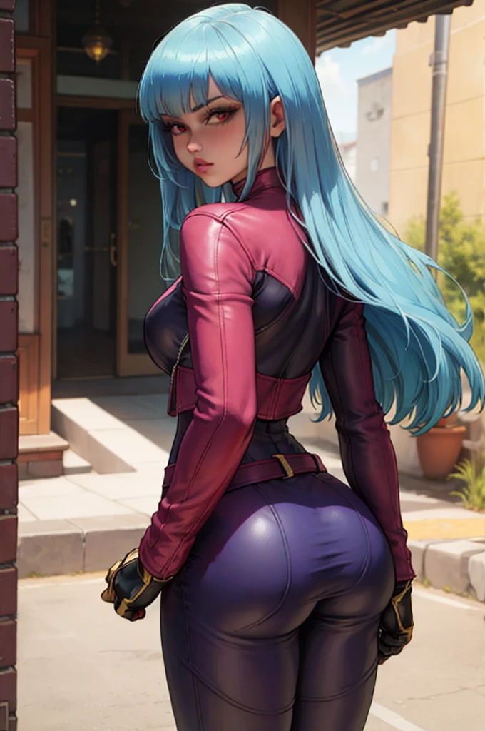 (solo),(high-level image quality),(hight quality),(hight resolution),(detailed),(masterpiece),(artwork:1.2),(cowboy shot:1.3),(realistic), looking at viewer,intricate,pixiv, 1girl,Kula,(KOF),blush,curvy, long hair, silver blue hair,red eyes,2k wallpaper,petite,purple leather jacket,belt,glove,from behind, purple leather pants, source_cartoon