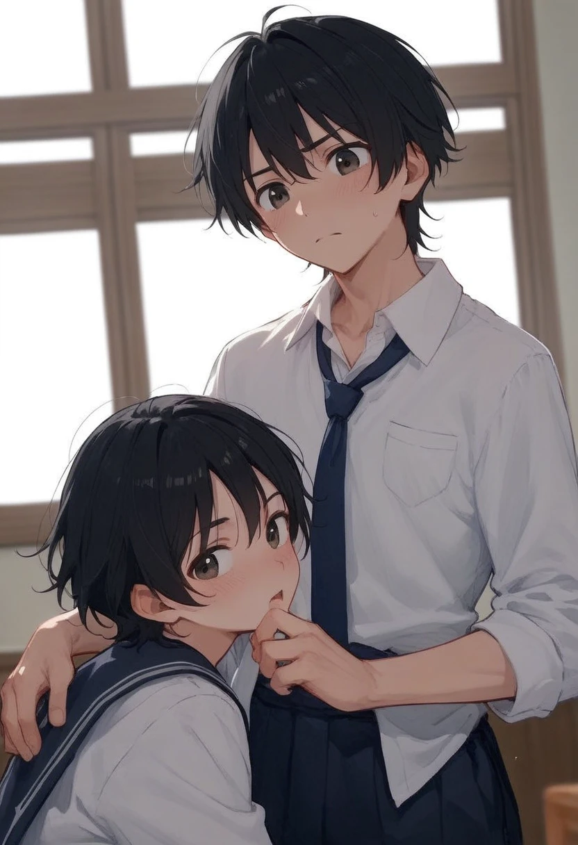  male、二人のmale、 high school  、Student Uniform、slacks、Loose tie、whole body、 Black Hair 、Summer sunshine、study、二人のmaleが濃厚なキスをする、自分で服を脱ぐ二人のmale性 、 long bangs、 Black Hair 、