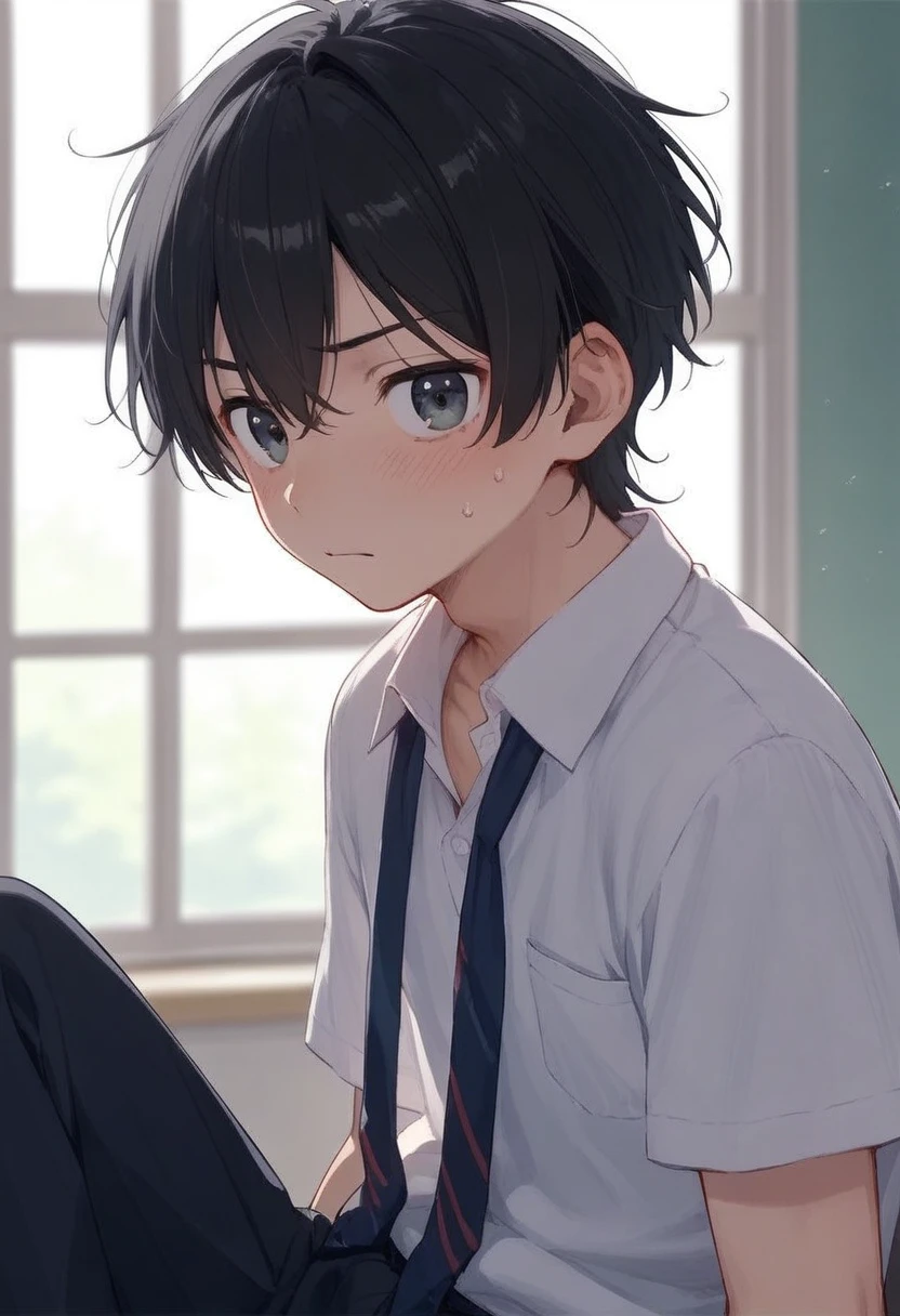  male、二人のmale、 high school student 、Student Uniform、slacks、Loose tie、whole body、 Black Hair 、Summer sunshine、study、二人のmaleが濃厚なキスをする、自分で服を脱ぐ二人のmale性 、 long bangs、 Black Hair 、