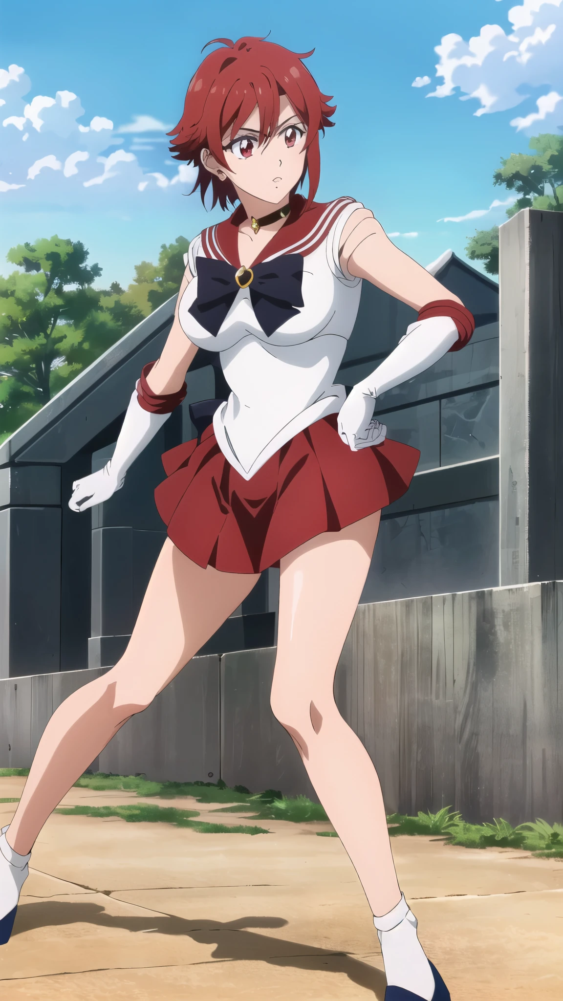 ((highest quality)),((Very detailed)),masterpiece,Absurd,Detailed face,Beautiful Face,(fine grain, Deep Eyes),One Girl,((Combat Stance)), input, Tomo, red hair, red eyes, short hair, hair between eyes, bangs, breasts, large breasts, short hair, Red eyes, Outdoor, shirt, View your audience, Are standing,sailor senshi uniform