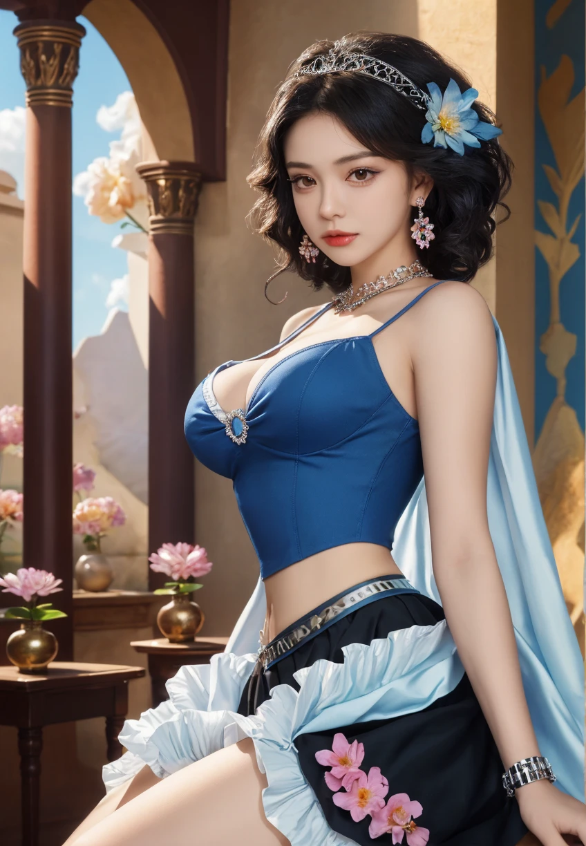 1girl,wearing a gorgeous oriental-style outfit. Her outfit is mainly a combination of dark blue and gold, with exquisite embroidery and decoration. The top is uniquely designed, showing a lot of skin, and is tied at the neck and waist with red and gold belts. There is a red belt tied at the waist, and there are red tassels hanging on the belt. The lower body is a high-slit design, which looks sexy and elegant. She has light-colored nail polish on her hands,,, beautiful detailed eyes, beautiful detailed lips, extremely detailed eyes and face, long eyelashes, best quality, 4k, 8k, highres, masterpiece, ultra-detailed, realistic, photorealistic, photo-realistic, ethereal glow, regal elegance, intricate details, luxurious, otherworldly beauty, dark atmospheric background, supernatural aura,tamaki