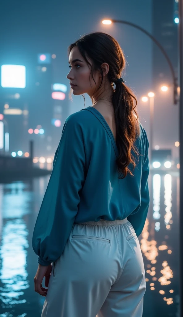 (masterpiece, best quality:1.2), european woman, solo, loose blue tunic, loose white pants, full body shot, wavy brown hair in a  ponytail, shot from behind, looking back at viewer, scifi_background, sparkling city skyline