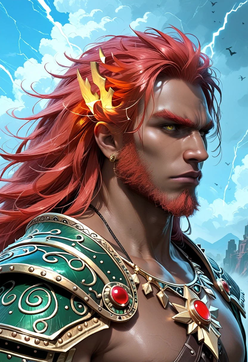 A hyper-realistic photograph of Ganondorf, showcasing his powerful and intimidating presence. His fiery red hair is styled into a menacing crown, and his glowing yellow eyes pierce through the shadows. His muscular form is clad in intricate, dark armor adorned with gold and crimson accents, capturing the essence of the Gerudo King. The background is a dramatic, stormy landscape with dark clouds swirling above, lightning illuminating the scene in the distance. The scene is filled with tension, as Ganondorf’s aura of malevolent power radiates from the image.