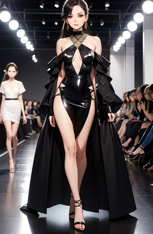 (Best quality, 8k, 32k, Masterpiece, UHD:1.2),Photo of Pretty Japanese woman, 1girl, (medium-short dark brown hair), double eyelid, fashion model,1.77meters, beautiful ,contemporary cut, unique maxi very wet golden dress with slit, off-shoulder, gold belt, choker, stand tall, runway, huge stage, Paris Collection, nsfw, , see through,,see-through_blouses,breast_pasty,(Medium shot:1.4)