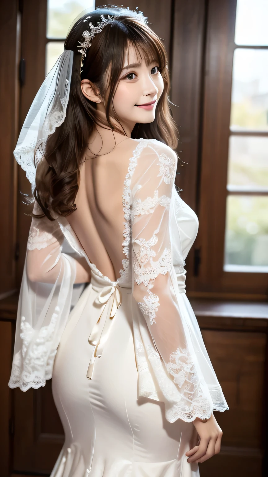 (Highest quality, High resolution, masterpiece:1.2,), figure, night, One girl, whole body, (Wedding dress), Put your arms behind your back, Wait for a kiss, View your viewers, Happy, blush,