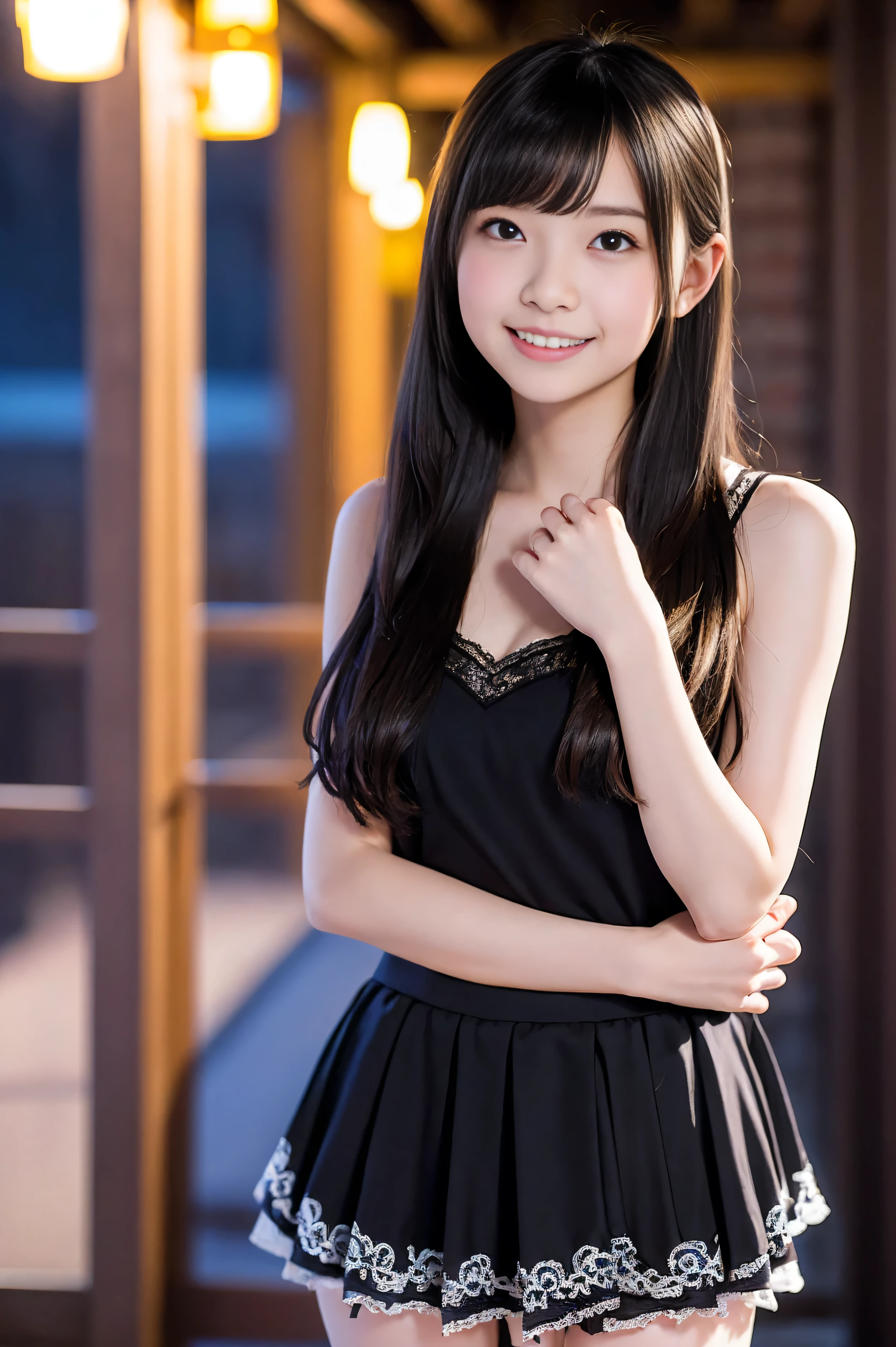 ((top-quality))、 ((masuter piece))、超A high resolution、Raw photo、intricate-detail、Raw photography、foco nítido、proffesional、Photorealsitic、Real life、surrealistic、photorealisim、Silhouette Light、finely detail、Highly detailed CG Unity 8K wallpapers、erfect artwork、Depth of field is deep、No perspective、细致背景、shinny hair、radiant eyes、shinny skin、realisitic、Looking at the camera、Very delicate and cute、Cute detailed girl、pure、cute large eyes、Facial Lights、Cinematic lighting、Transparent material、realistic representation of face、(intricate detailes)、no-makeup、(delicated face、Delicate eyes and face)Detailed skin、Best ratio of four fingers and one thumb、(flat-chest: 1.4)、short torso、Transcendental thin legs、Transcendent small butt、((独奏))、light、Very young face、Innocence、Facial Highlights、Professional Writing、女の子1人、White lightweight tank top with thin fabric、White Sheer Light Shorts、Back lighting、((Stand facing the front))、Hands on the hips in the style of models、florals、((non-blur))、Skinny style、((Knee shot))、((12year old))、(Beautiful pitch black shiny one-tail medium hair:1.4)、(Super beautiful girl with cute loli face:1.6)、pigtails hair、Short stature、Beautiful shiny black hair、((Super petite and super slender girl))、((A true transcendent beautiful girl with ultra-young Japan))、Plump round face、Small face and small nose、Healthy face、Soft lips、pale cherry colored lips、(rather thin eyebrows: 1.4)、shiny large black eyes、big eye、(The corners of the mouth rise:1.4)、erect through、(Shy smile:1.8)、Sheer feeling、less clothing、Clothes are see-through、bangss、no sleeves、Protrusions、Eyes for hollow details、Floating hair、large eyes that are symmetrical、hair clips、No face makeup、