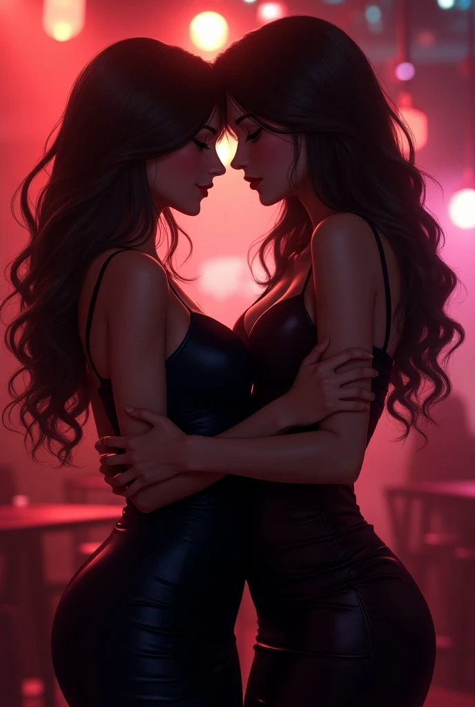 A beautiful korean supermodel 2 คน ,wet , from Front กอดกัน, Curved, Wide hips, thick thighs, Oil painting, by sargent,full body shot, movie lighting, glow, neon,