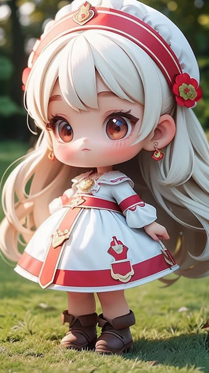 Photorealistic、(Red dress、sleepy、Mouth slightly open、hair ornaments、Sitting、Cute Shoes)、Lily of the valley hill、night