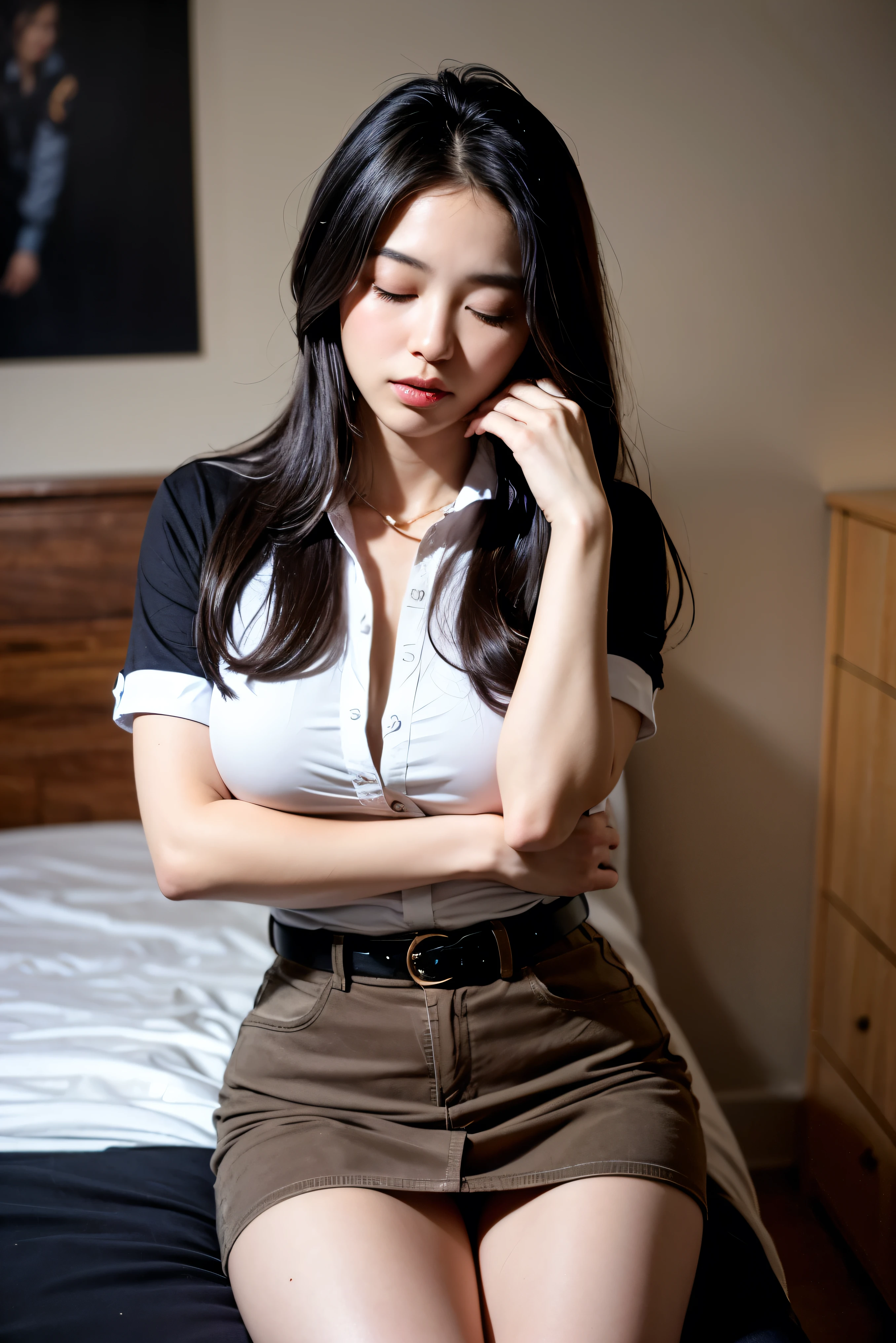 NSFW, side pose:1.2, thai university uniform:1.4,Close ~ eyes:1.2,Open your mouth:1.2,Tired face:1.2,Face of Suffering:1.2,sky face:1.2,sleeping face:1.2, white short-sleeve button up shirt:1.2, black tight mini skirt:1.2, brown suede belt:1.2, silver metal shirt buttons:1.2, black straight long hair, masterpiece、beautiful girl、fine 目、puffy eyes、highest quality, High resolution, (reality: 1.4), Cinema Lighting,so beautiful、Beautiful Skin、(super reality)、(High resolution)、(8k)、(Very detailed)、(beautiful and fine 目)、(Very detailed)、 Detailed face, 20s, in the dark bedroom:1.3, looking up the sky:1.2, dark tone:1.2, cowboy shot:1.1, hair on the face:1.2, hide hands between legs:1.2, perfect figure, perfect body proportions, torn skirt:1.2