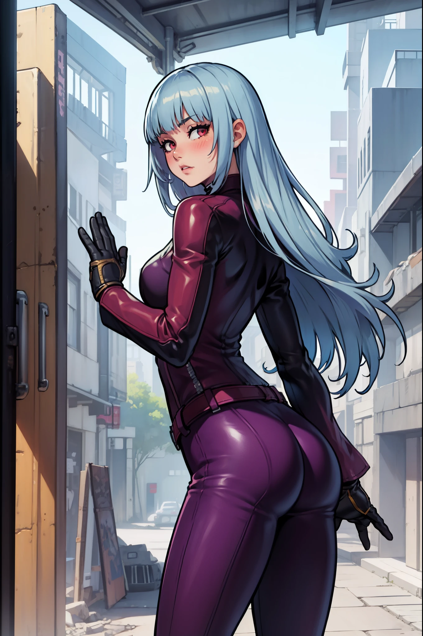 (solo),(high-level image quality),(hight quality),(hight resolution),(detailed),(masterpiece),(artwork:1.2),(cowboy shot:1.3),(realistic), looking at viewer,intricate,pixiv, 1girl,Kula,(KOF),blush,curvy, long hair, silver blue hair,red eyes,2k wallpaper,petite,purple leather jacket,belt,glove,from behind, purple leather pants, source_cartoon