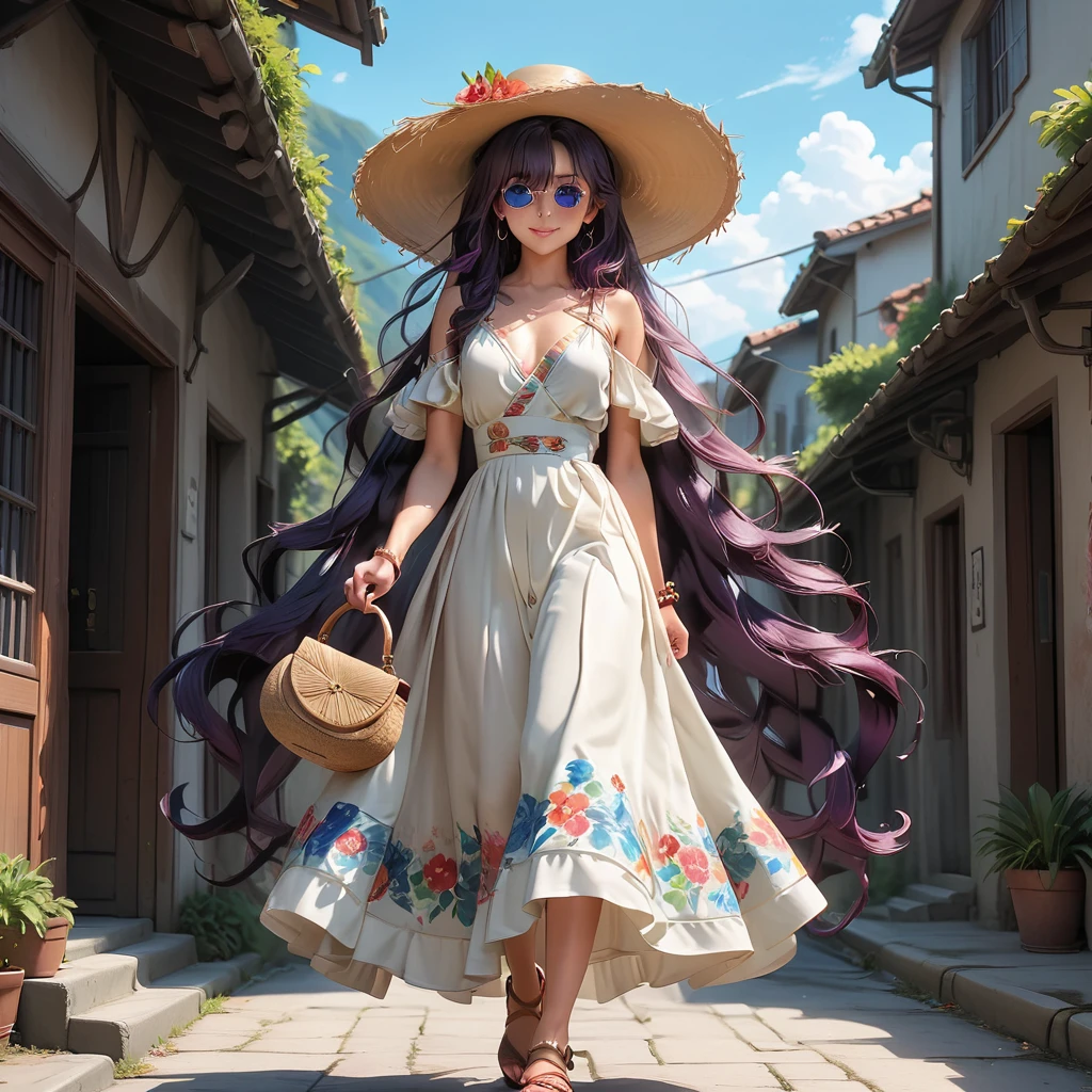 Masterpiece, 4K, HDR, full HD, (best quality), (ultra detailed), (only), intricate ANIME TYPE, best quality, 1girl, deep purple hair , hyper beautiful face, purple hair, perfect anatomy, shiny skin, full body, alone (shiny purple hair, long hair), looking at viewer, perfect hands, perfect legs, super detailed clothes, intricate clothes, hyper detailed cloths, super detailed face, super detailed skin, super detailed quality, expressive eyes, blue eyes, super detailed eyes, full body shot, smile, JK, epngekatsuragimisato , SDXL Illustration Design Beautiful Girl Two-dimensional Pretty Girl Digital Painting Comic Ukiyo-e Watercolor Manga Other, Boho chic look: Maxi dress with floral print and bell sleeves, flat leather sandals, large straw hat and raffia bag. Accessories: beaded bracelets and round sunglasses.