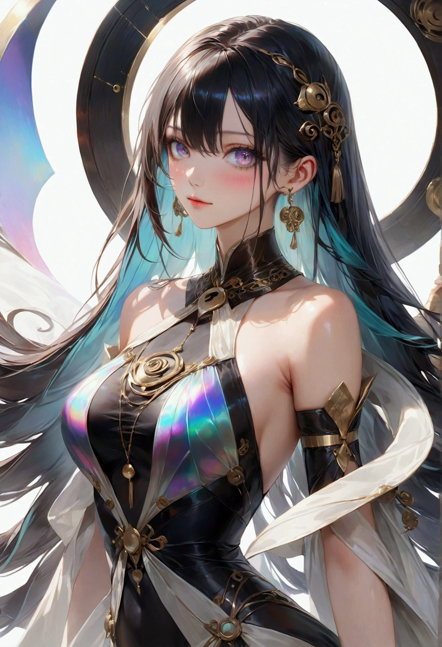 (masterpiece, top quality, best quality, official art, Beautiful and beautiful:1.2), (1 girl:1.3), Very detailed,(Fractal art:1.2),rich and colorful,most detailed,(tangled:1.2), (dynamic poses), (abstract background:1.5), (Traditional costumes:1.2), (skin shiny), (Many colors:1.4), Upper body--automatic
