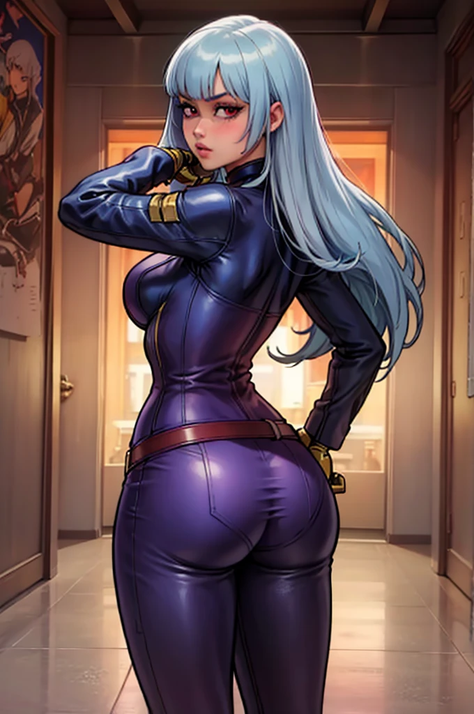 (solo),(high-level image quality),(hight quality),(hight resolution),(detailed),(masterpiece),(artwork:1.2),(cowboy shot:1.3),(realistic), looking at viewer,intricate,pixiv, 1girl,Kula,(KOF),blush,curvy, long hair, silver blue hair,red eyes,2k wallpaper,petite,purple leather jacket,belt,glove,from behind, purple leather pants, source_cartoon,2K wallpaper,