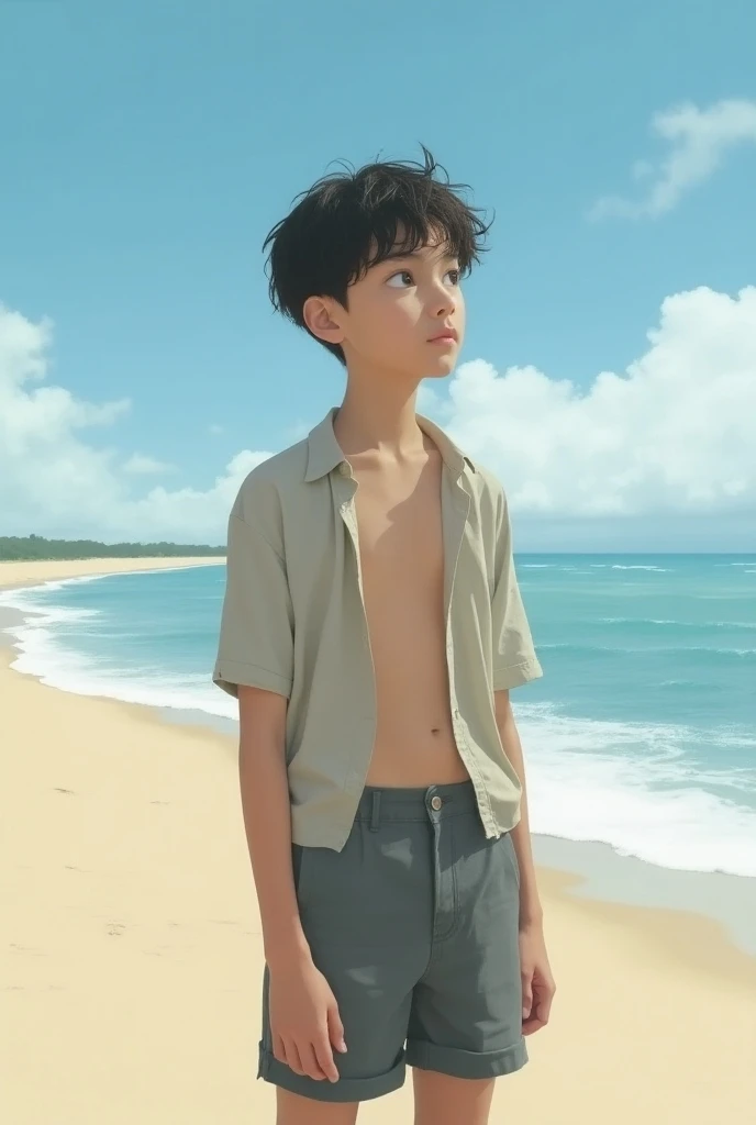 masutepiece, Best Quality, 8K Wallpaper, a handsome by the sea, (multi-national mixed race 1.6), Black hair, (Big brown eyes), straight nose