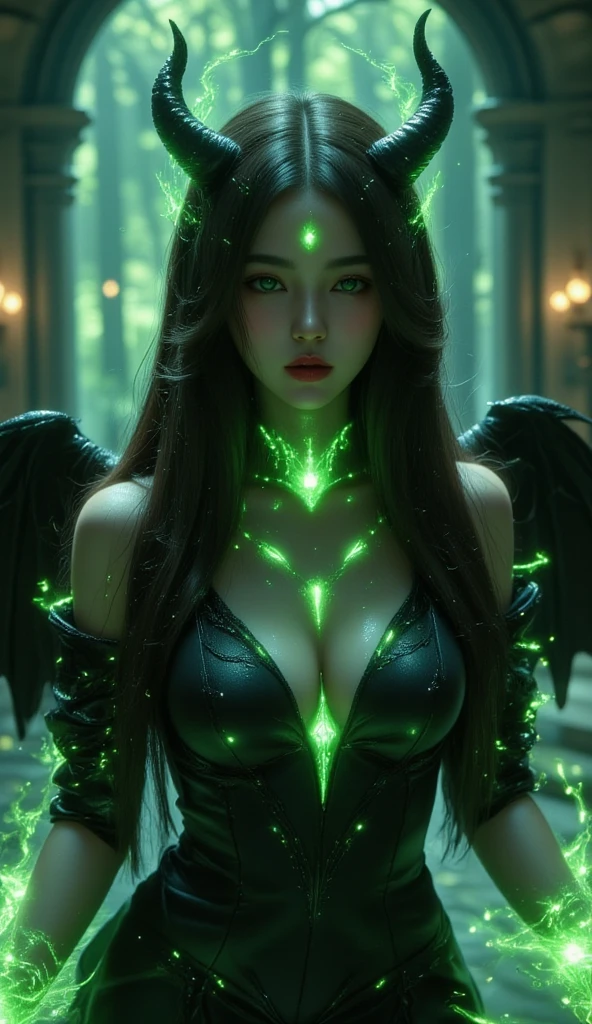  A young woman with long dark brown hair ,  with two black dragon horns , light skin,  red lips ,  light green eyes shining (light green glow ),  crow-like black wings ,  wearing a long black dress also looking like a villain is showing all her power formed by magic(green light)  inside a castle hall being illuminated by her magic 