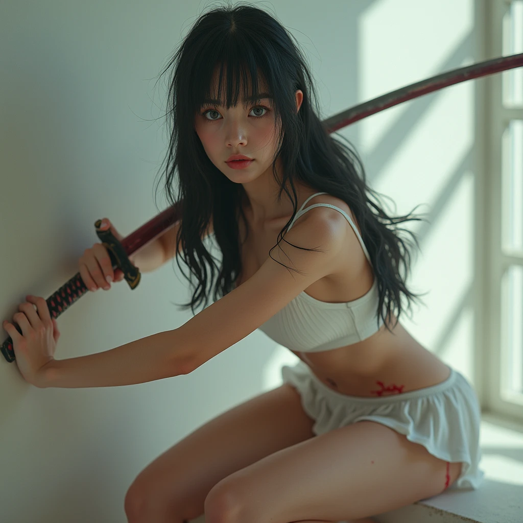 Masterpiece、8k、Highest quality、Anatomically correct、Very cute dark-haired girl holds a huge sword against her bare chest、Bleeding from the body