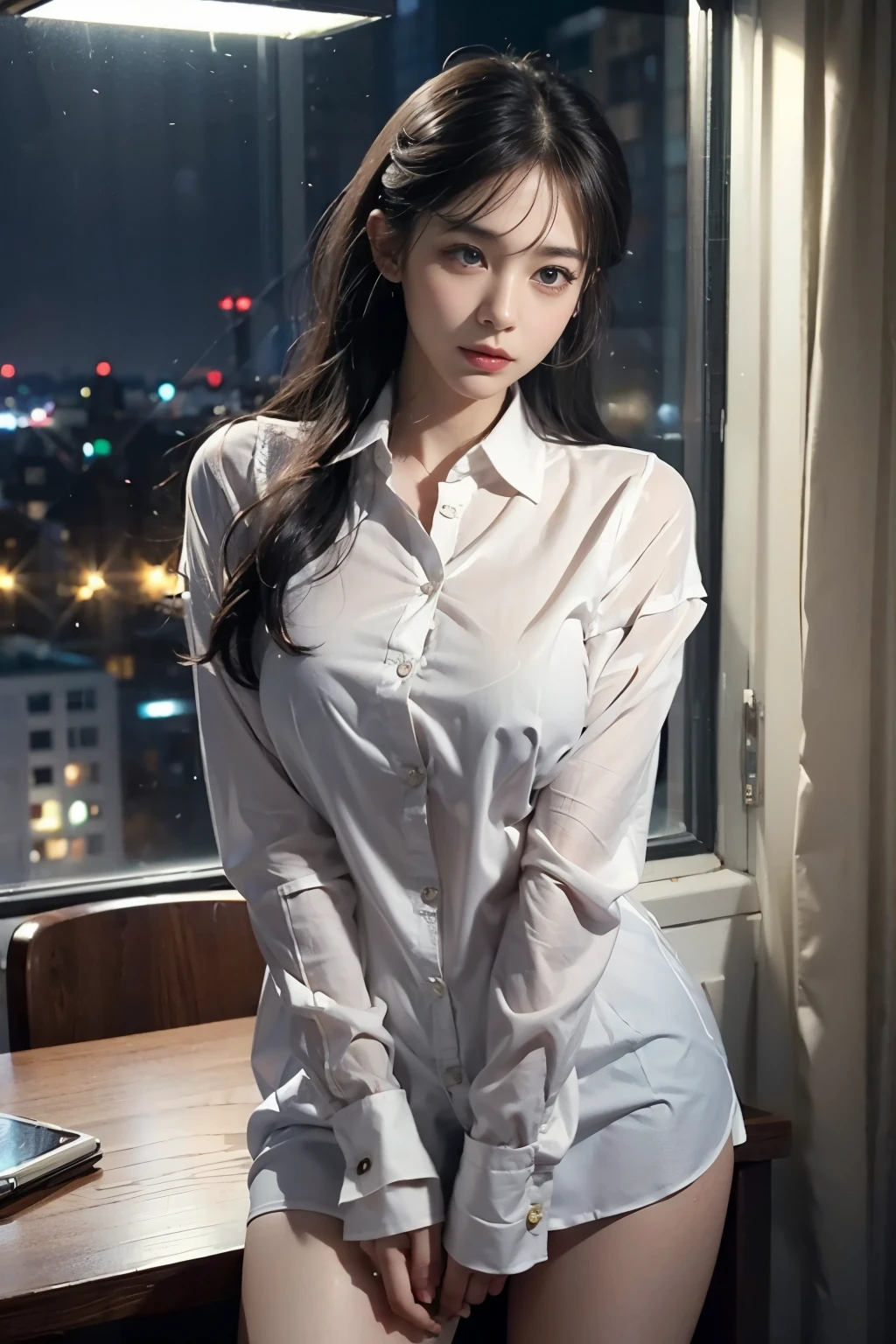Raw photo, highest quality, masterpiece:1.2), highest quality, figure, Very detailed, Fine details, High resolution, wallpaper, Perfect dynamic composition, (Detailed high quality, Realistic depiction of eyes:1.3)、A woman who has been  and has her hands tied、Arms wrapped around his back, hands tie behind bacｋ, Put duct tape over your mouth、Inside a beautiful hotel room at night、Crouching on the floor、Outside the window is a night view、 With legs wide open、(White underwear、 shot)、Blue Short Sleeve Blouse、(Tartan plaid pleated skirt)、whole body、The whole thing faces forward、２１Talented talent、Beauty、Well-formed face、Make your eyes even、Beautiful black hair、Has bangedium build、Well-balanced proportions、Beautiful legs、Fresh face、Beautiful scenery、, Surrealism, cinematic lighting, first-person view, f/1.2, Nikon, cowboy shot, 8k, masterpiece, 8k, UHD, award winning, best quality, highres