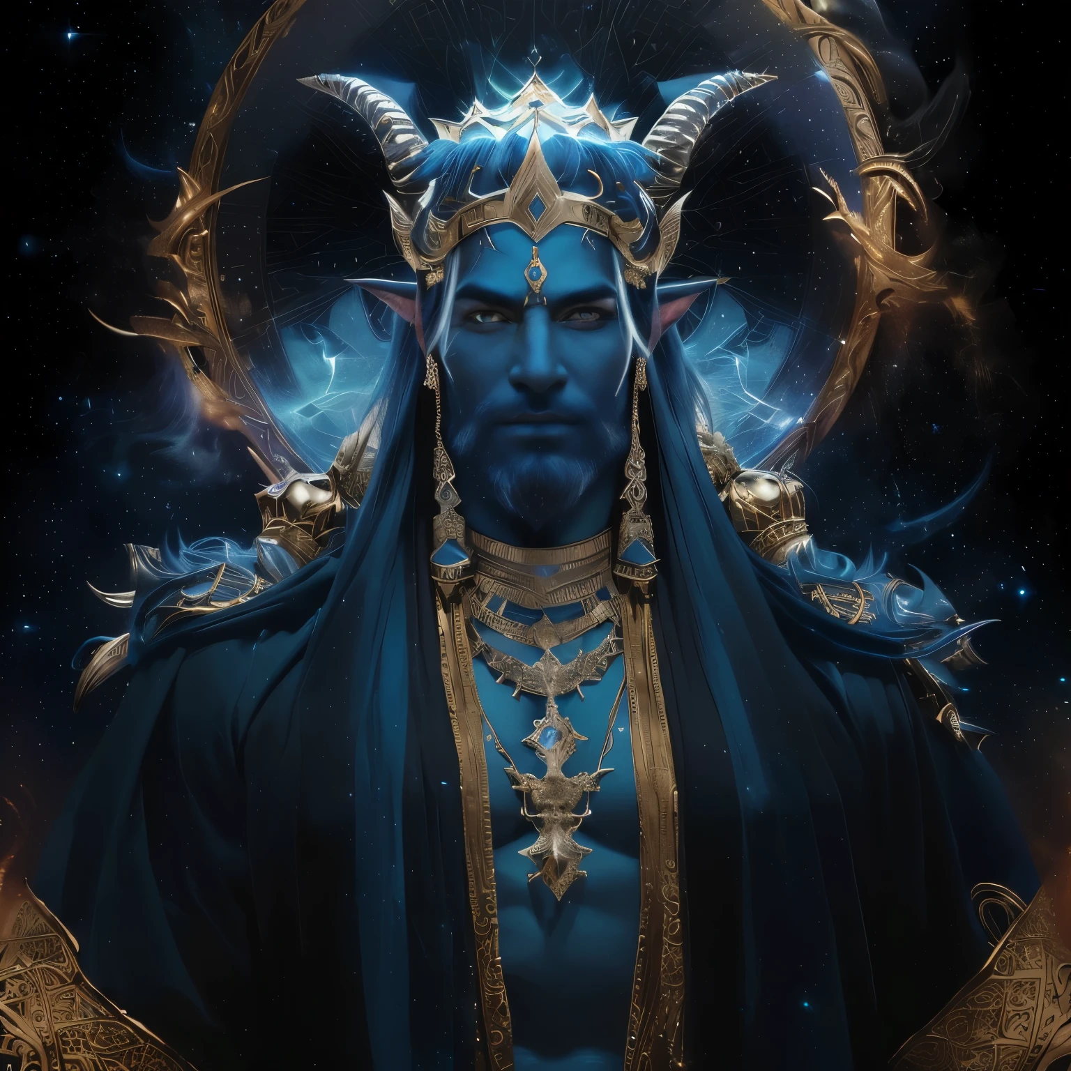 Against a dark, starry background, a regal extraterrestrial stands tall, its shimmering, iridescent scales catching the faint glow of a distant moon. The being's piercing blue eyes seem to gaze directly into the soul, while its slender fingers grasp a staff adorned with glowing runes. The subject's angular features are illuminated by a soft, ethereal light, casting an otherworldly aura around it.