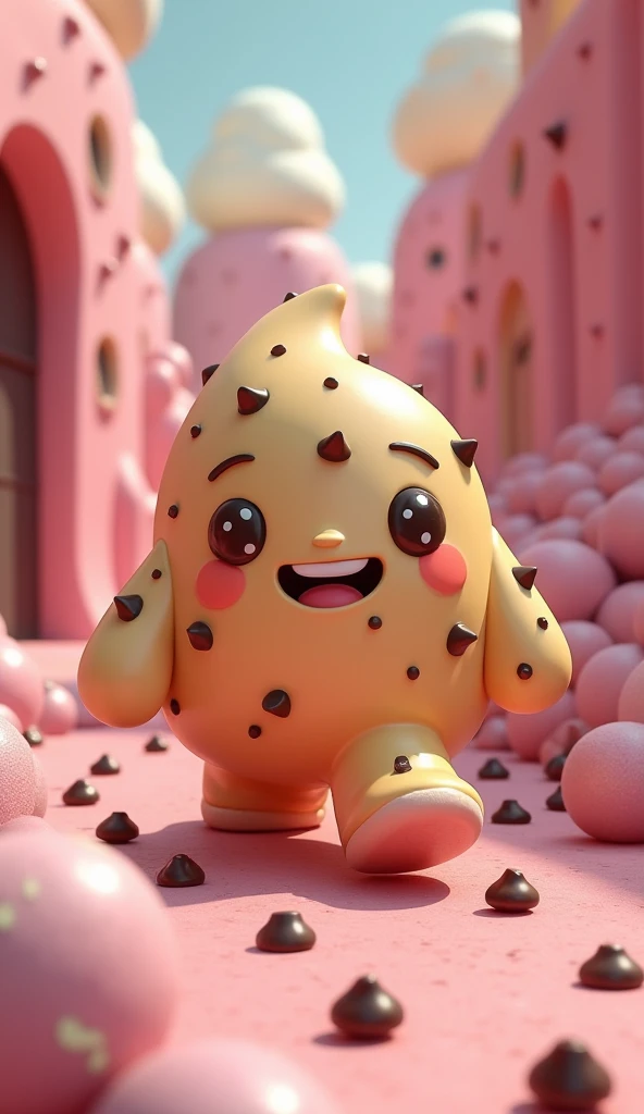 A cookie-dough-colored slime with chocolate chip freckles and a big, yummy grin, walking down the ramp with sweet delight