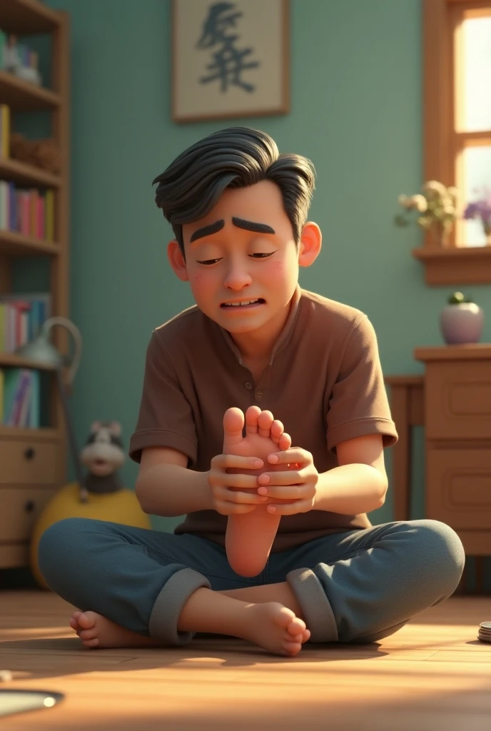 Barefoot semi-dark-skinned boy with a blue shirt and a white T-shirt sitting on a chair, putting his feet on a wooden table and letting the sun hit him