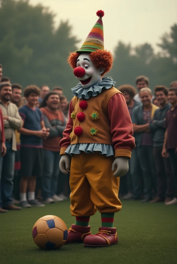 Clown in sad football stadium With white and red vertical striped shirt next to other fans with eagle heads laughing at him With yellow shirt and blue pants
