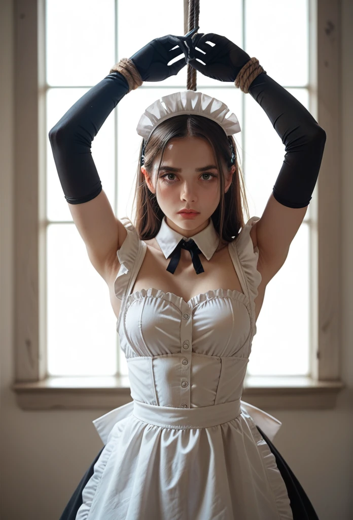 maid， White Long Gloves ，Hands tied with rope，Hands raised to the top of the head