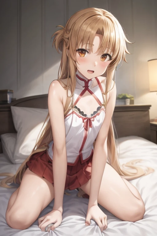 ((Best Quality)), ((masterpiece)), (be familiar with),  perfect face, indoor, bedroom,  watching viewers,
One woman, Yuuki Asuna,
Open Mouth, Ecstatic expression, blush, smile,
Small breasts,  flat chest, , , , Girl,
Long Hair,  long hair,
Leg spread,