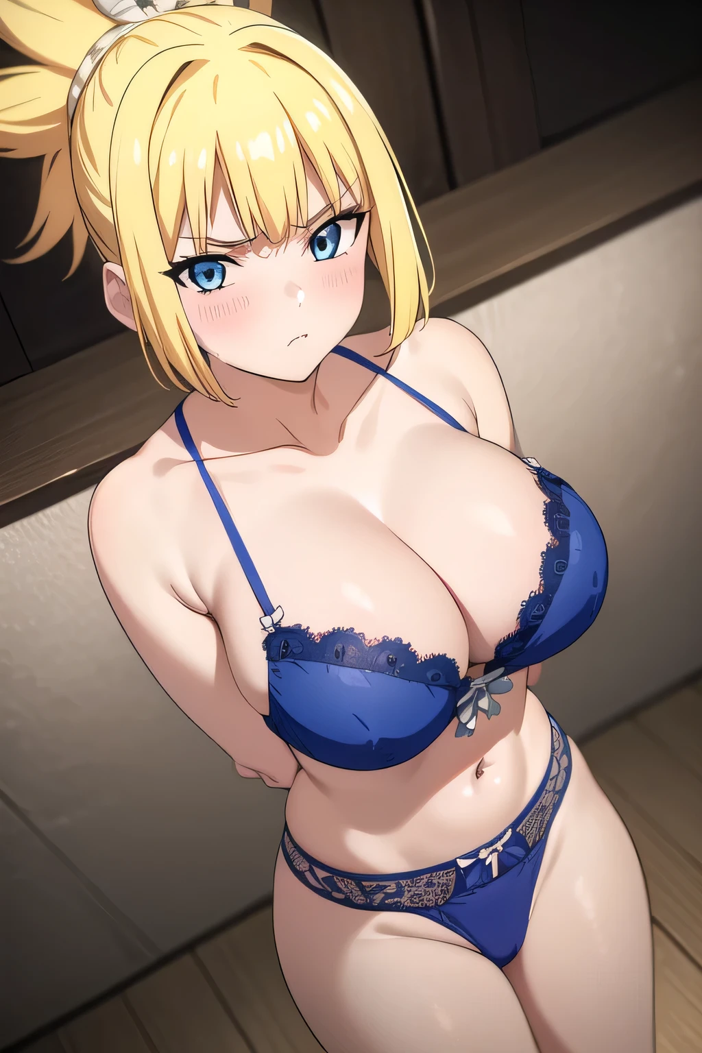 masterpiece, best quality, highres, 1girl, solo, blush, rounded breasts, large breasts, hair_band blue, looking at the viewer, kohaku, blonde hair, blue eyes, hair ornament, ponytail, blonde, blue  lace bra, blue lingerie, standing, disgusted face.