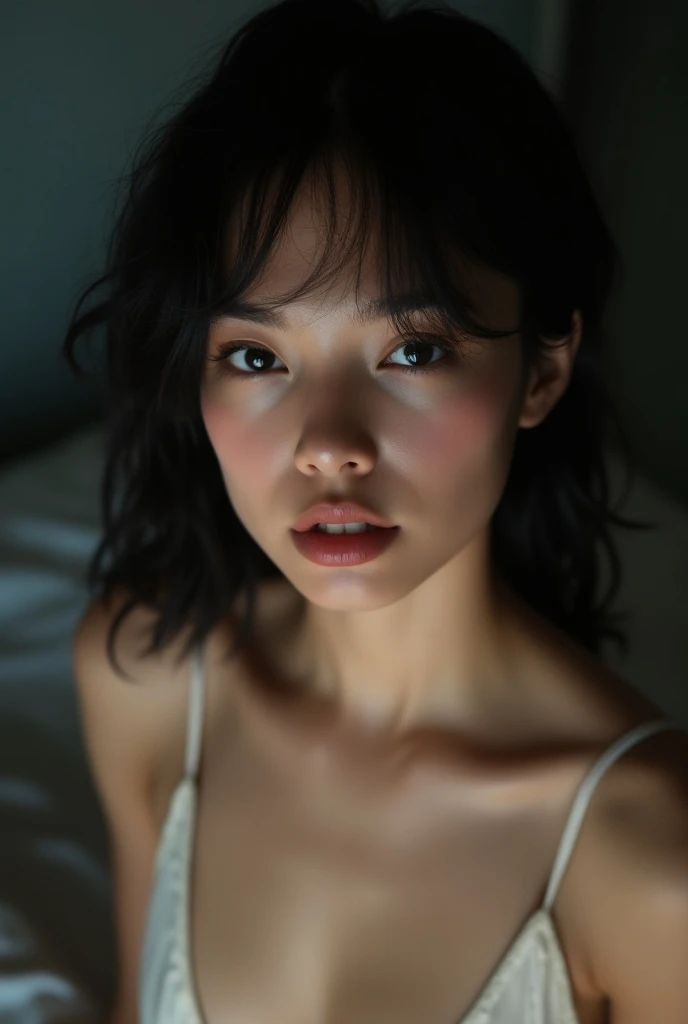 a beautiful young vtuber with short brown hair, heterochromia eyes (one brown, one green), pale skin, wearing black lingerie and garter belt, (best quality,4k,8k,highres,masterpiece:1.2),ultra-detailed,(realistic,photorealistic,photo-realistic:1.37),highly detailed face, beautiful detailed eyes, beautiful detailed lips, extremely detailed eyes and face, long eyelashes, elegant pose, solo, bedroom interior, dramatic lighting, warm color tones, cinematic composition