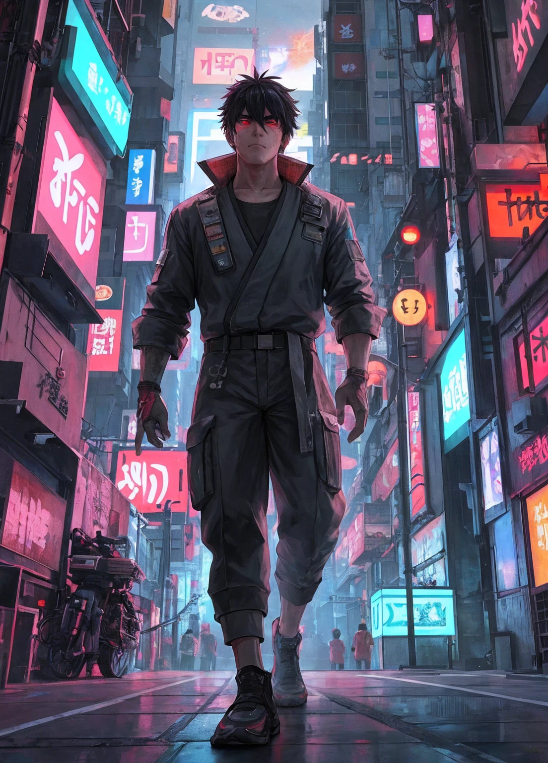 In the year 2050, in the cyberpunk slums of East Asia, a  named Ryu lives in a neon-lit city called "Neon City" near Tokyo Bay. The city is a chaotic blend of high-tech and traditional elements, where poverty and disorder rule. Ryu, an orphan, scavenges scrap parts to survive. One night, while on a rooftop, a massive holographic ad lights up the sky, revealing a mysterious message: "To know the truth, go to basement level 42." With his heart pounding, Ryu enters an old elevator, embarking on an unknown adventure. The scene is filled with vibrant neon lights, dark alleyways, and the stark contrast of a futuristic yet rundown urban landscape.