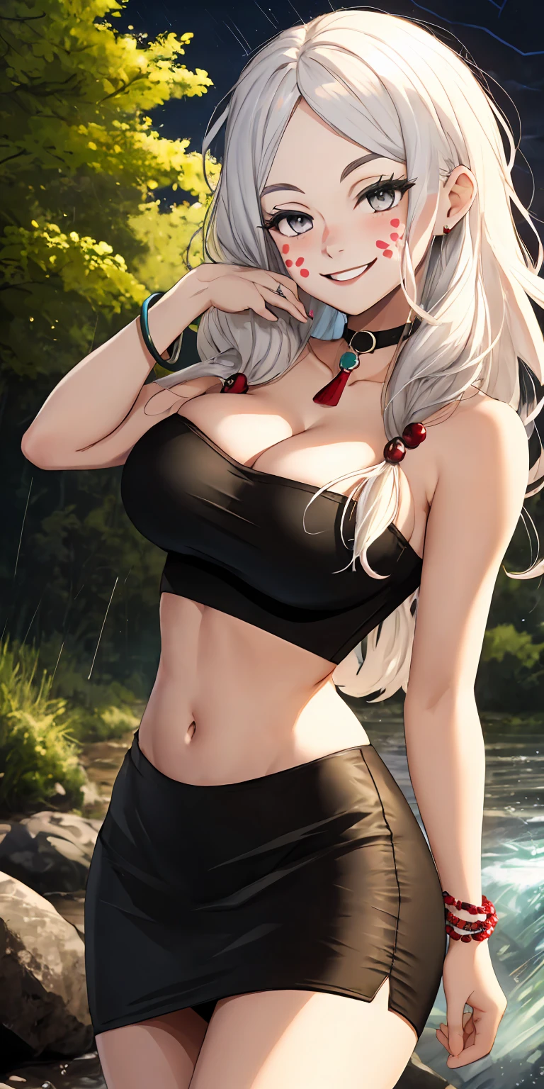 masterpiece, ultra high-quality, extremely detail 8k cg, high resolution, 1girl, mature female, MTSpiderV4, white hair, hair ornaments, facial markings, forehaed mark, pale skin, grey eyes, cleavage, jewelry, gigantic breasts, collarbone, bracelet, choker, black top, tube top, strapless, sleeveless, midriff, navel, tubeskirt, miniskirt, tight skirt, black clothes, black crop top, opll, beautiful face, smile, night time, outdoors, forest, river, rain, thunderstorm