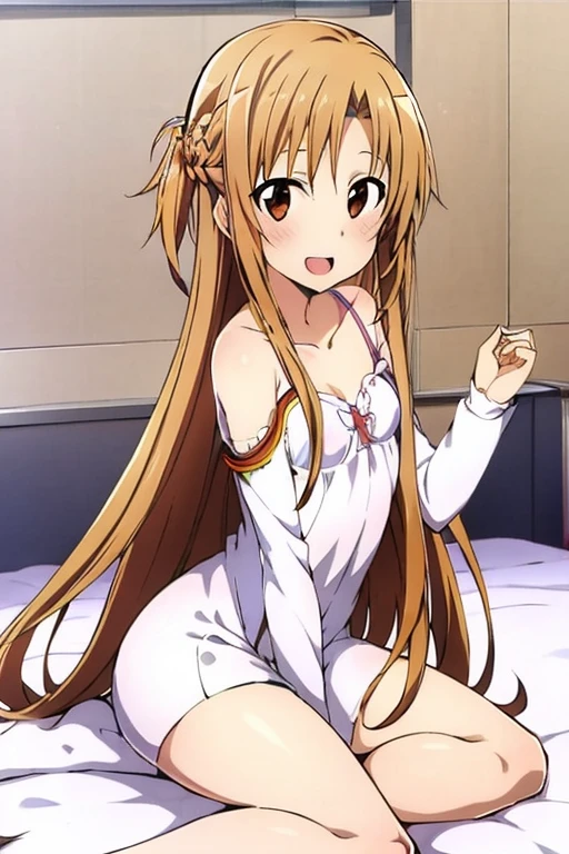 ((Best Quality)), ((masterpiece)), (be familiar with),  perfect face, indoor, bedroom,  watching viewers,
One woman, Yuuki Asuna,
Open Mouth, Ecstatic expression, blush, smile,
Small breasts,  flat chest, , , child, Girl,
Long Hair,  long hair,
Leg spread,