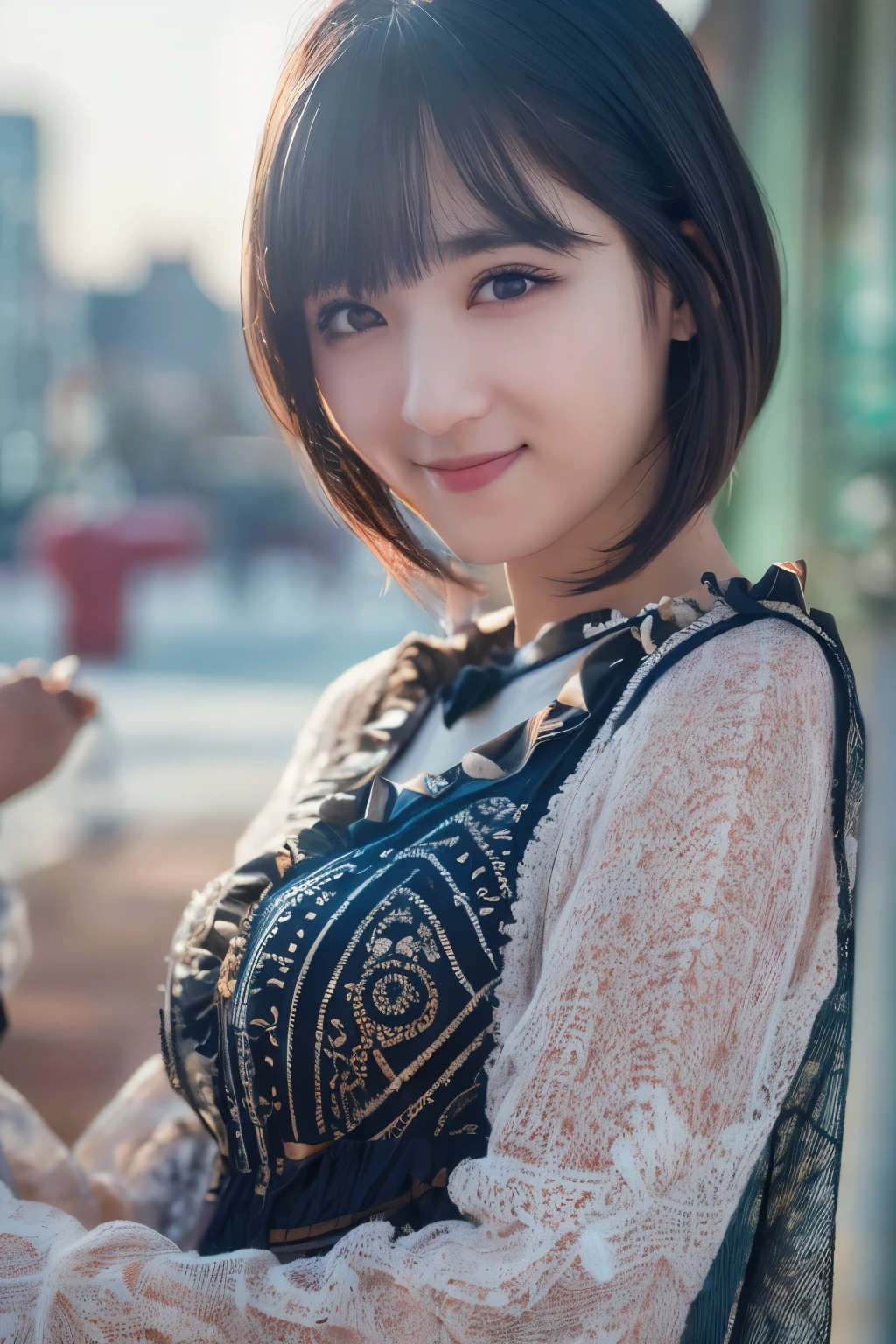 (highest quality,masterpiece:1.3,ultra high resolution),(Super detailed,caustics,8k),(photorealistic:1.4,RAW shooting), 1girl ,with choppy bangs,fashion photography,pale young adult East Asian smiling