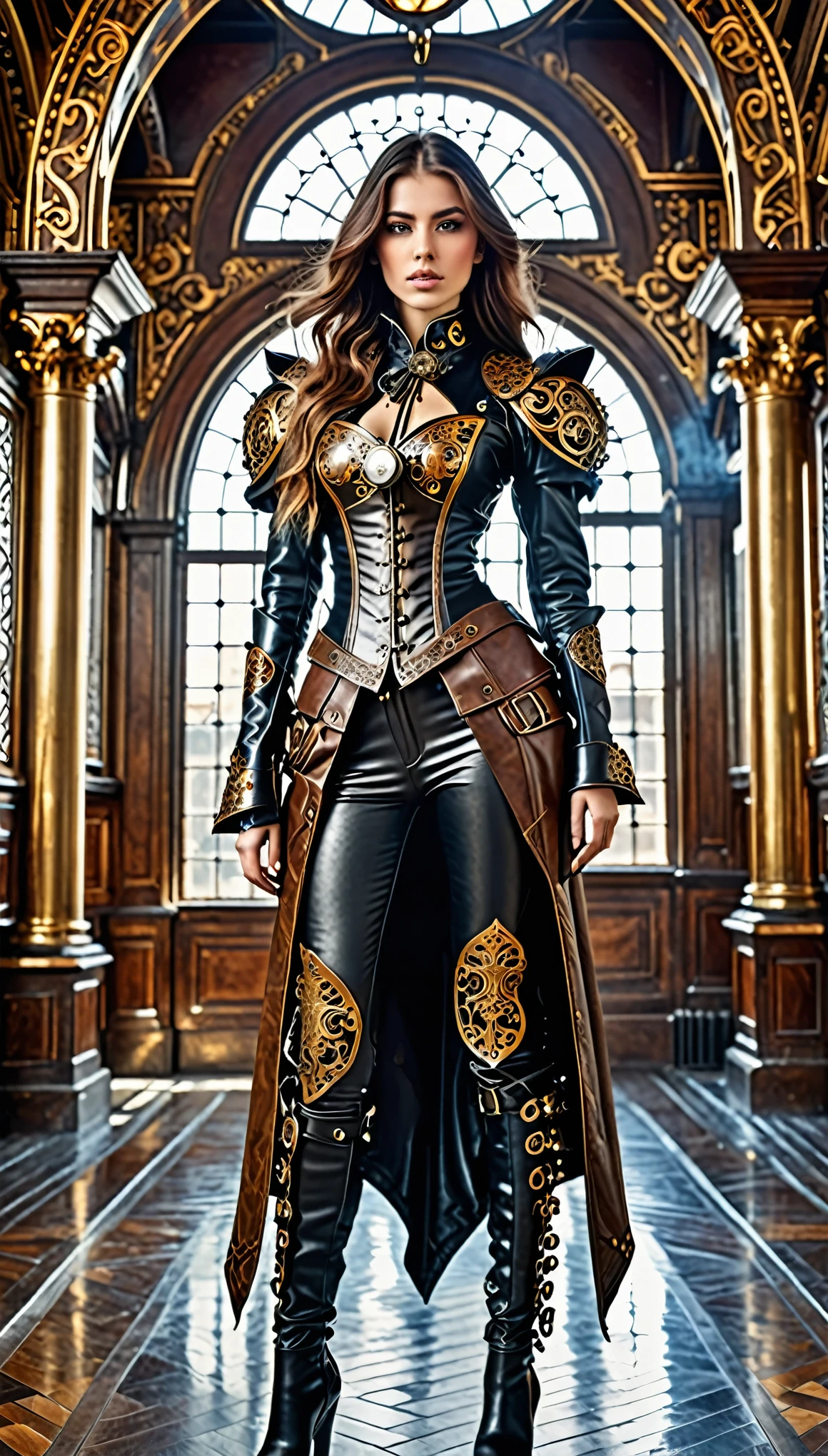 Perfect steampunk girl, ((slender figure)), (((wearing detailed ornate baroque steampunk leather and platemail armour))), shapeless long hair, perfect features, cowboy shot pose, ((neo-classical building interior)), abstract beauty, near perfection, pure form, concept art, intricate detail, 8k post-production, High resolution, super Detail, art station Trends, sharp focus, studio photos, intricate detail, Very detailed.