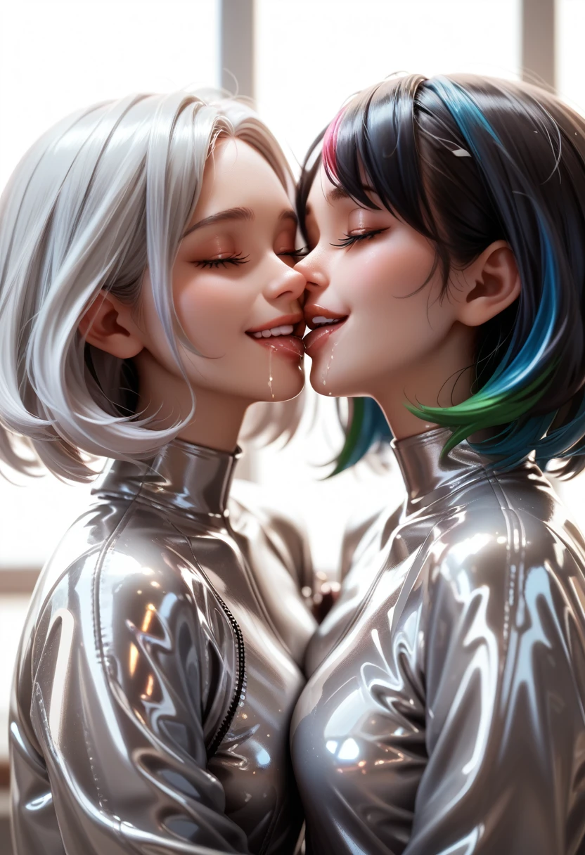 2 girls in extremely tight shiny silver latex jacket,Medium hair, Lens reflection, Reflected light,  multicolor hair , Long eyelashes, smile,saliva, eyes closed, kiss