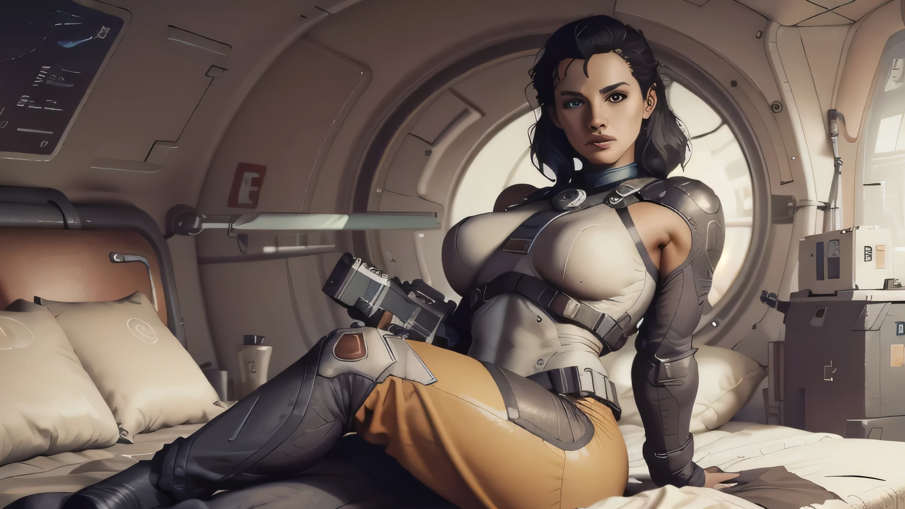 Planet with rings in the background, Women in spaceship with a gun (realisti:1.1), (photo-realistic:1.1), slim muscular body, saggy boobs, enormous boobs, on bed, Detailed, Rendering, Epic, Andreja from starfield, very tan, eastern european, black hair, Ambient lighting, very seductive pose, intricated, Sharp focus, soft-lighting, bright colors