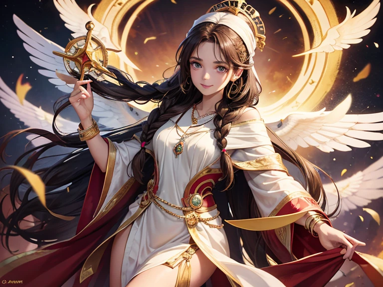 a tall and attractive young woman . She has long, messy brown hair that is usually tied in two long braids . She has bright and gentle eyes and is often seen with a smile on her face a Divine Staff .
She wears a turban as a head ornament with a wing-shaped jewel in the center and a long layered robe draped around her body. She also wears various necklaces and bracelets on her wrists and ankles .